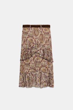 ZARA ЮБКА МИДИ С ПРИНТОМ, ОБОРКАМИ И ПОЯСОМ, РАЗНОЦВЕТНЫЙ