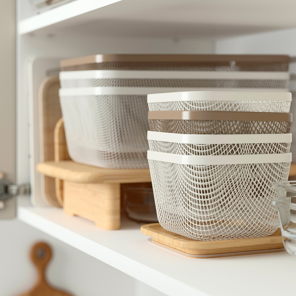 IKEA 365+  (ИКЕА 365+)  -  Корзина для продуктов с крышкой - прямоугольная металл/светлый серо-коричневый бамбук 32х21х13 см