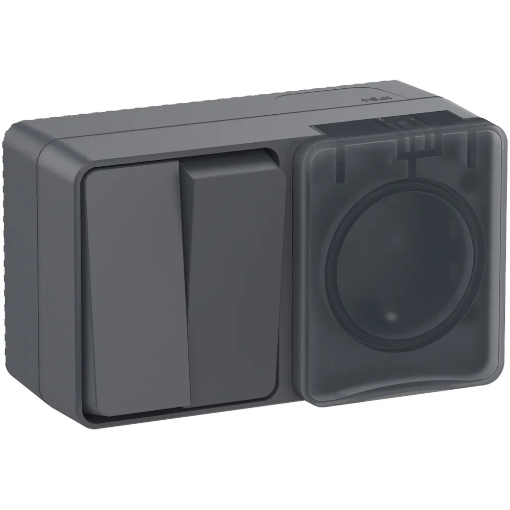 ATLASDESIGN PROFI IP54 О/У БЛОК: РОЗЕТКА с заземл. со шт., 16А, ВЫКЛЮЧАТЕЛЬ 2-клав., 10АХ, АНТРАЦИТ