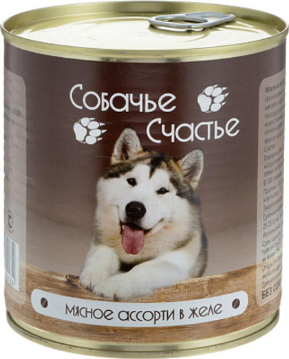 СОБАЧЬЕ СЧАСТЬЕ Консервы для собак Мясное ассорти в желе, 750 г