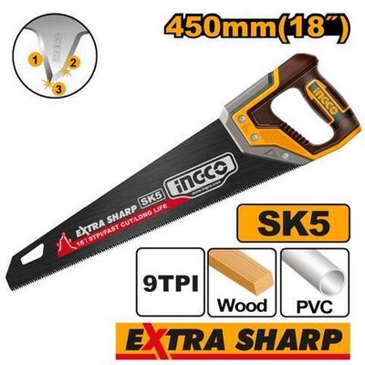 Ножовка по дереву 450 мм, SK5, 9TPI SUPER INGCO HHAS68450 INDUSTRIAL