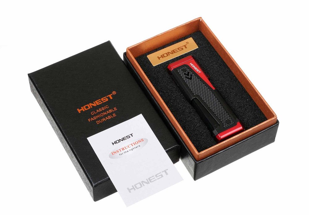 Зажигалка сигарная Honest, четверное пламя, с пробойником и сигарным ложементом, красная 778-Red