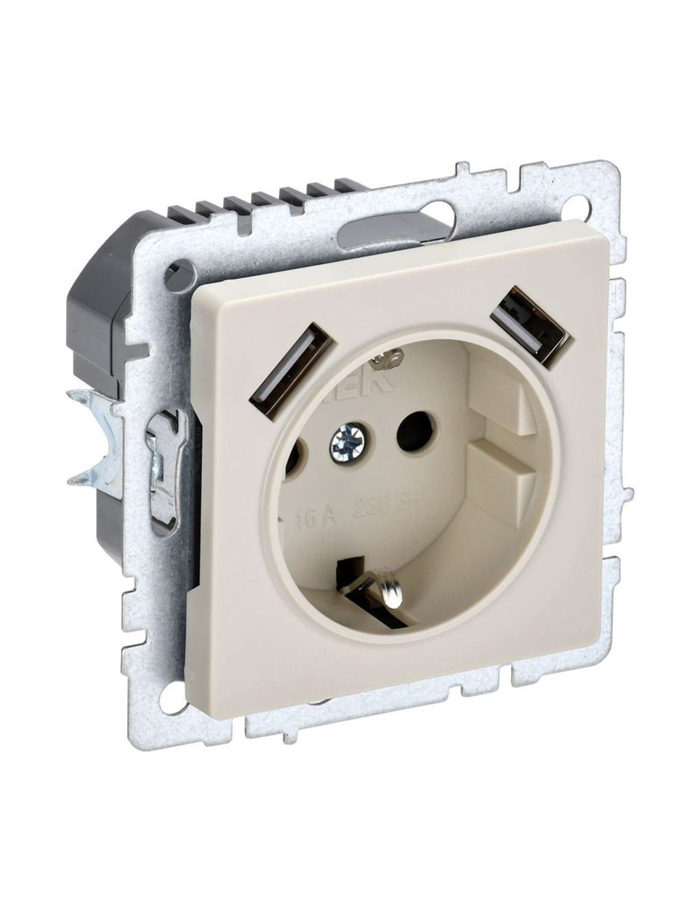 Розетка BRITE РЮш10-1-БрКр 16А с USB A+A 2.1А с заземл. защ. шторки механизм беж. IEK BR-R14-16-U21-D21-K10