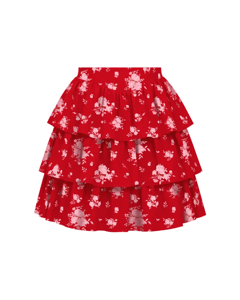 Бетти мини (Betty mini), юбка мини из красного крепдешина с цветочным принтом