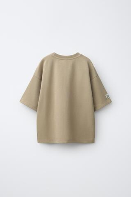 ZARA ФУТБОЛКА ИЗ ИНТЕРЛОКА С ВЫШИВКОЙ, СВЕТЛО-КОРИЧНЕВЫЙ
