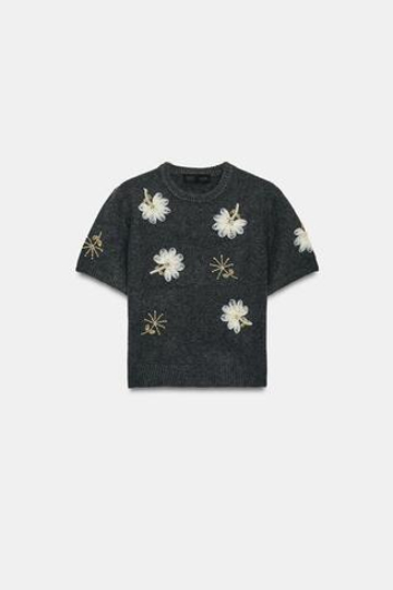 ZARA ТРИКОТАЖНЫЙ ТОП С БУСИНАМИ, АНТРАЦИТОВО-СЕРЫЙ