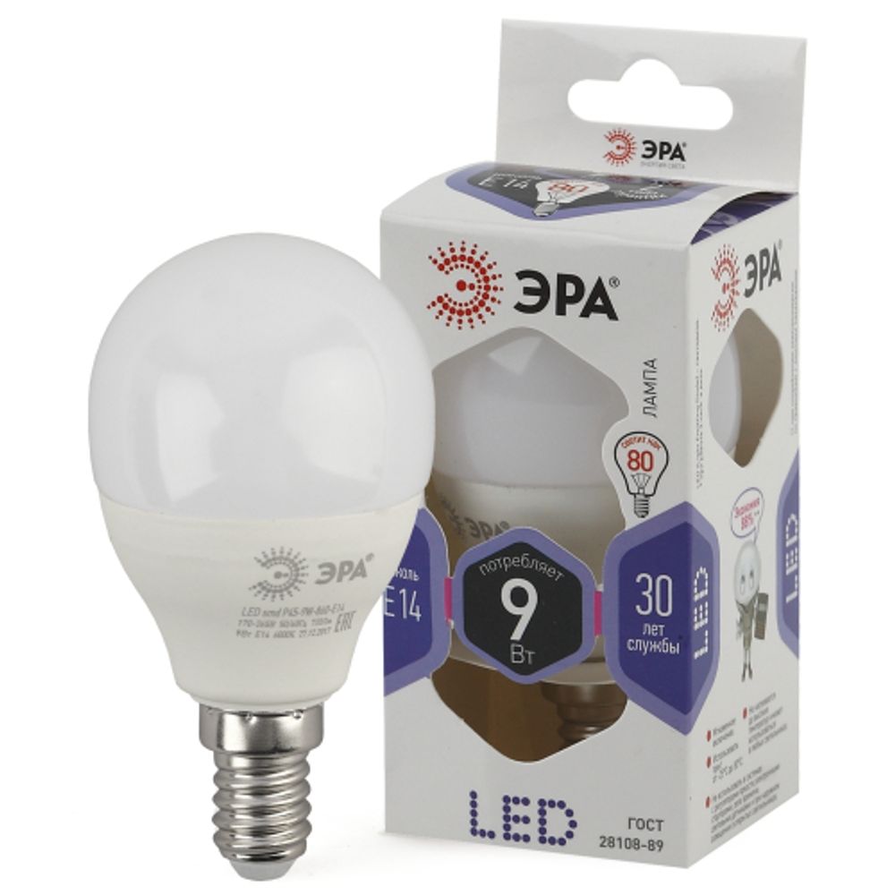 Лампа светодиодная ЭРА STD LED P45-9W-860-E14 9Вт шар холодный дневной свет Е14 | Лампы cветодиодные Шар (G/P)