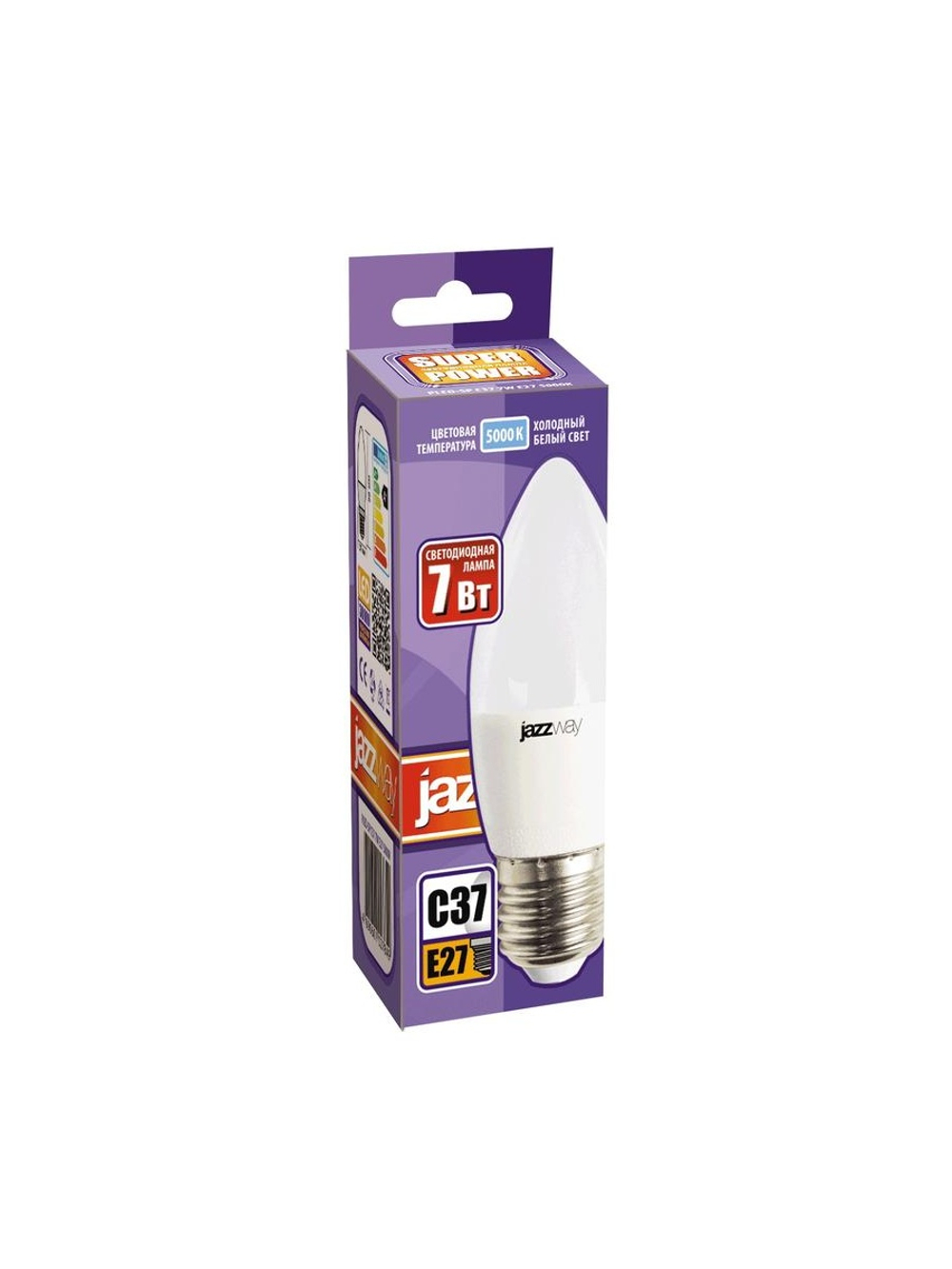 Лампа светодиодная PLED-SP 7Вт C37 свеча 5000К холод. бел. E27 560лм 230В JazzWay 1027849-2