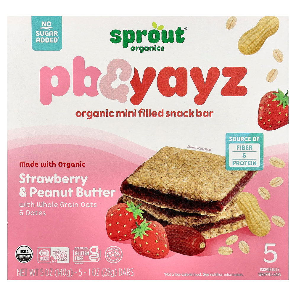 Sprout Organics, PB & Yayz, органические мини-батончики с начинкой, для детей от 2 лет, клубника и арахисовая паста, 5 батончиков по 28 г (1 унция)