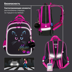 Ранец BRAUBERG QUADRO, 3 отделения, с брелоком, "Black cat", 37х28х18 см, 271358