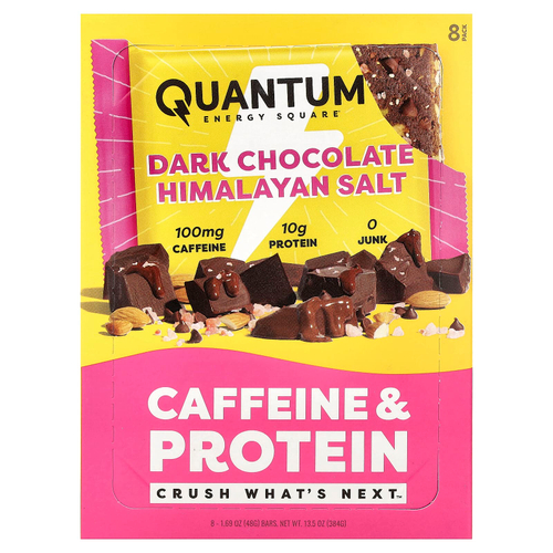 Quantum Energy Square, протеиновый батончик с кофеином, темный шоколад с гималайской солью, 8 батончиков по 48 г (1,69 унции)
