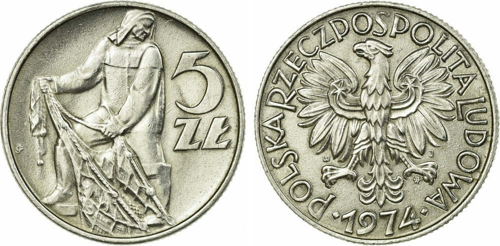 Польша 5 злотых, 1974 Рыбак UNC