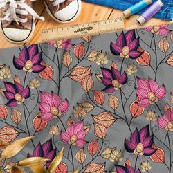 Ткань бязь резные яркие цветы и листья на сером фоне