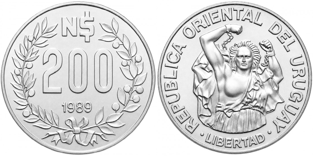 Уругвай 200 новых песо, 1989 Обелиск Монтевидео XF