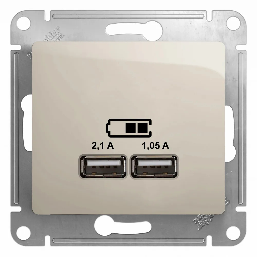 GLOSSA USB РОЗЕТКА A+A, 5В/2,1А, 2х5В/1,05А, механизм, МОЛОЧНЫЙ