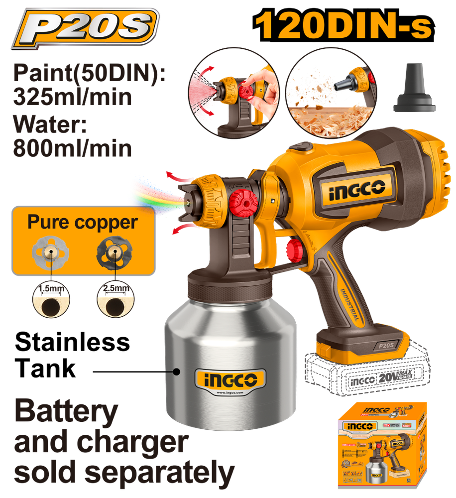 Краскопульт аккумуляторный INGCO CSGLI20041 20 В 120DIN Краскопульт аккумуляторный INGCO CSGLI20041 20 В 120DIN
