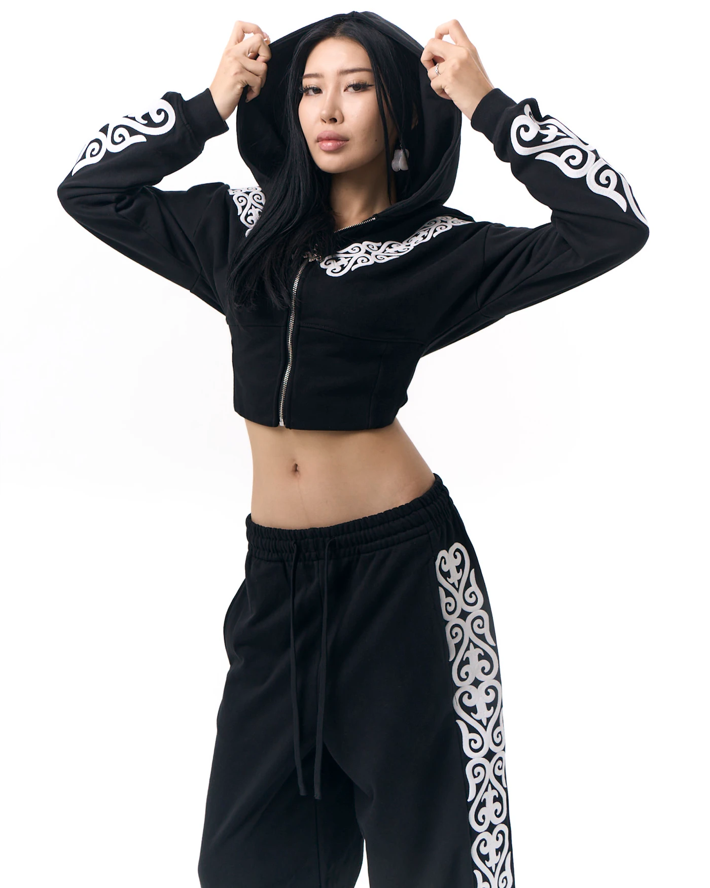 2-Piece Set: Jet Black Double Set with Decorative Embroidery