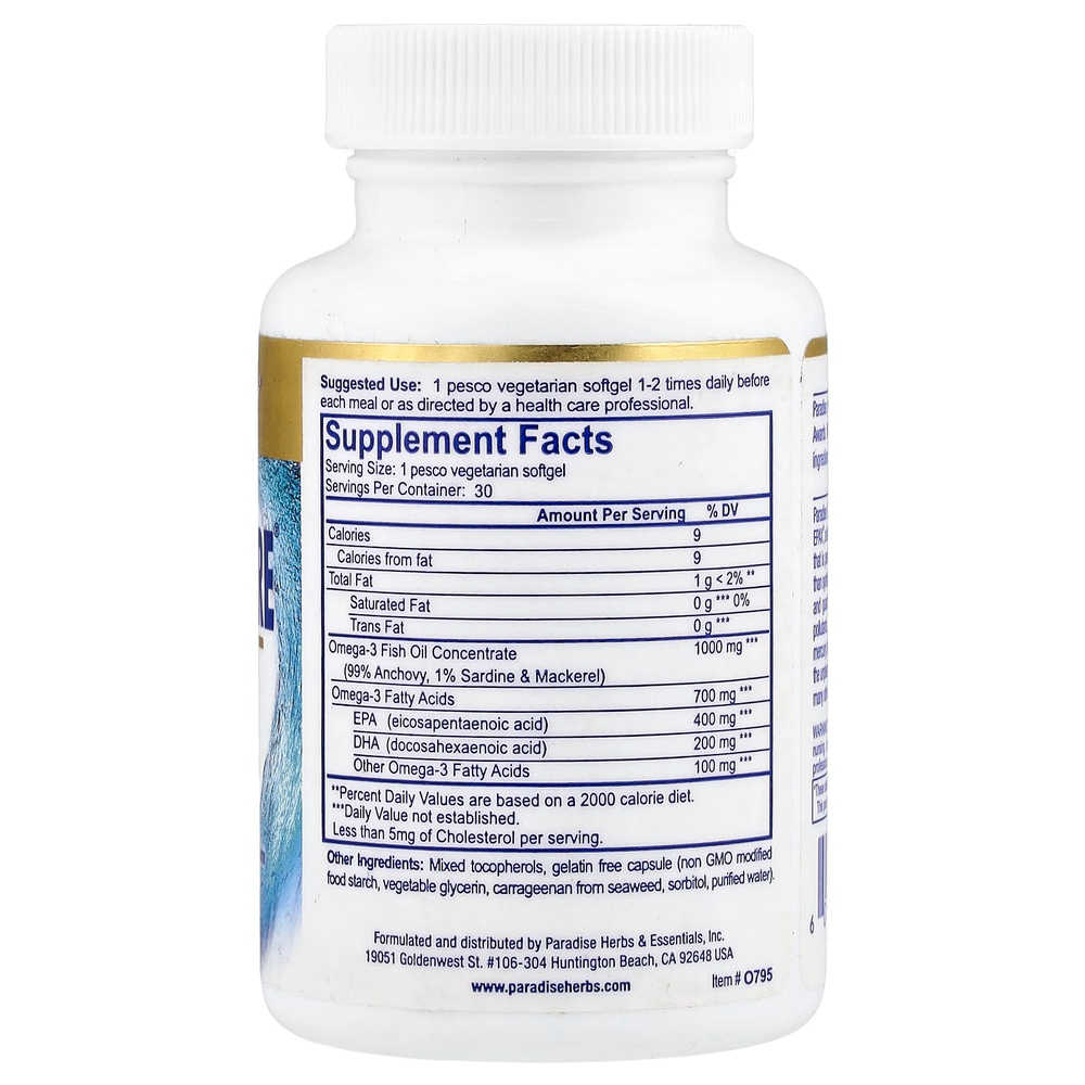Paradise Herbs, Omega Sure®, премиальный рыбий жир с омега-3, 1000 мг, 30 вегетарианских капсул Pesco