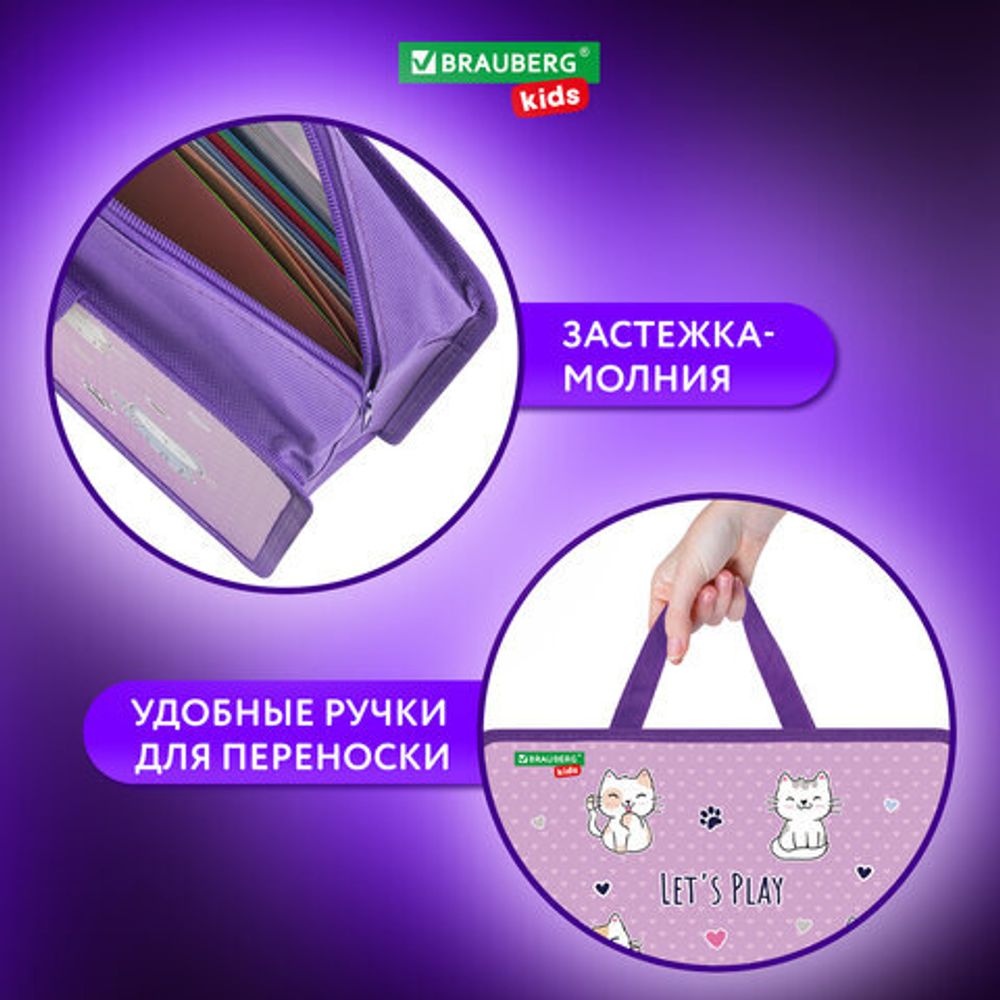 Папка на молнии с ручками BRAUBERG KIDS А4, 1 отделение, пластик, 100 мм, "Playing kittens", 272116