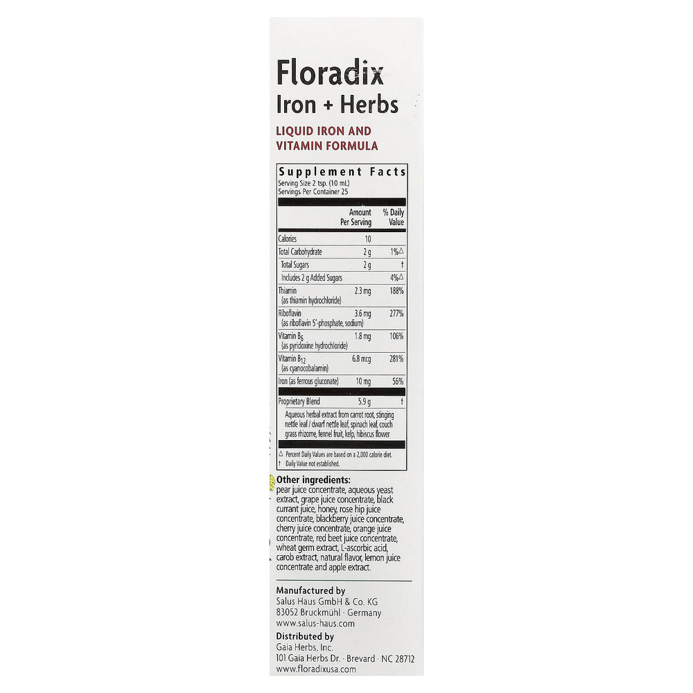 Floradix, Floradix®, железо и травы, жидкая формула с железом и витаминами, 250 мл (8,5 жидк. Унции)