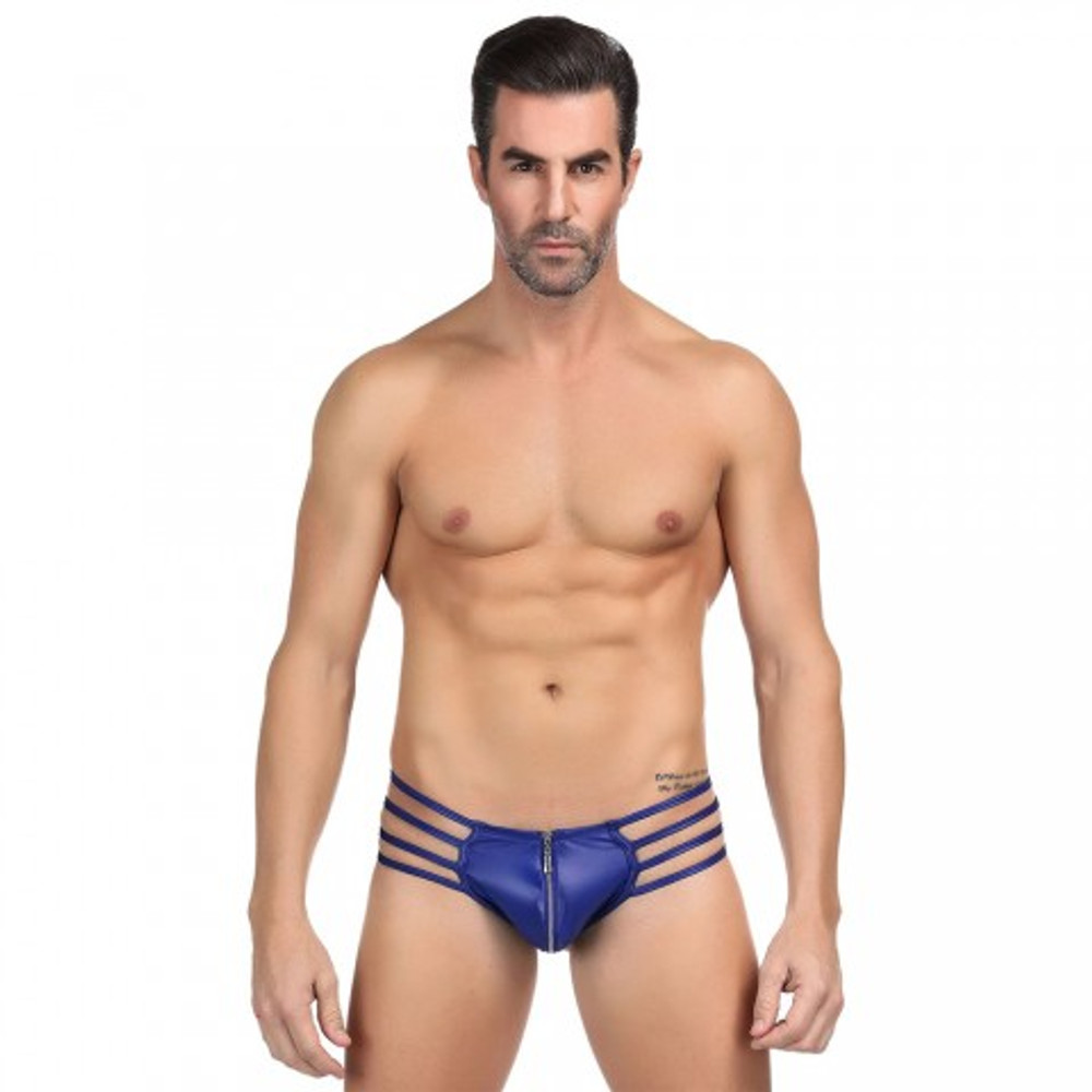 Кожаные мужские стринги Ohyeah Zipper Blue, на молнии со стрепами, S