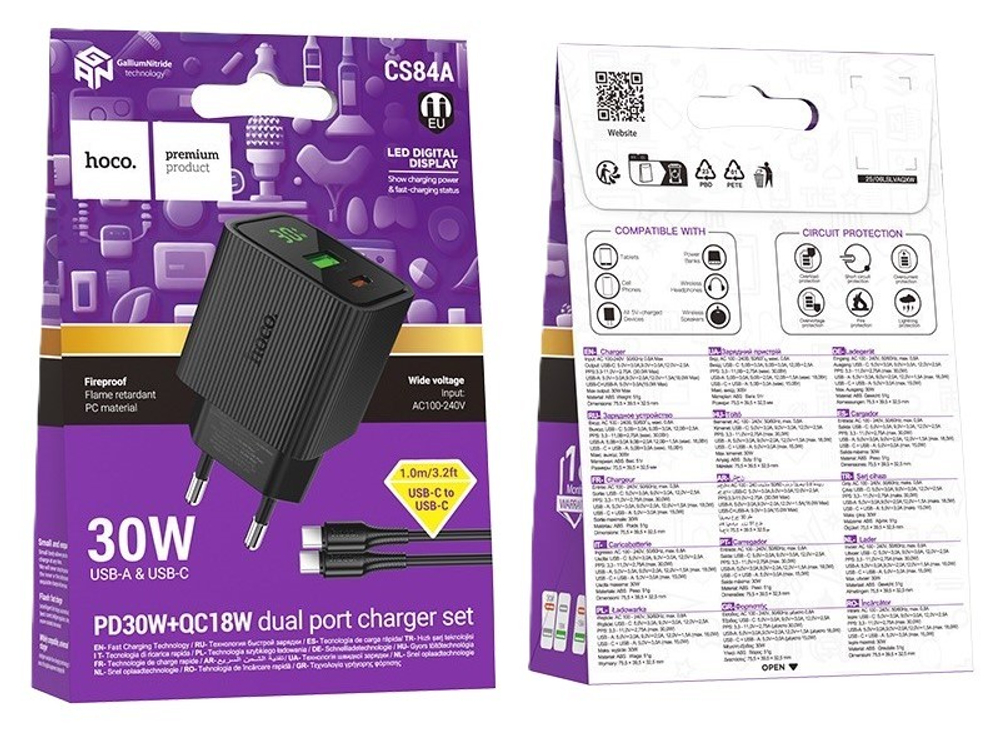 Сетевое зар. устр. Hoco CS84A 1USB/1C 30W черное