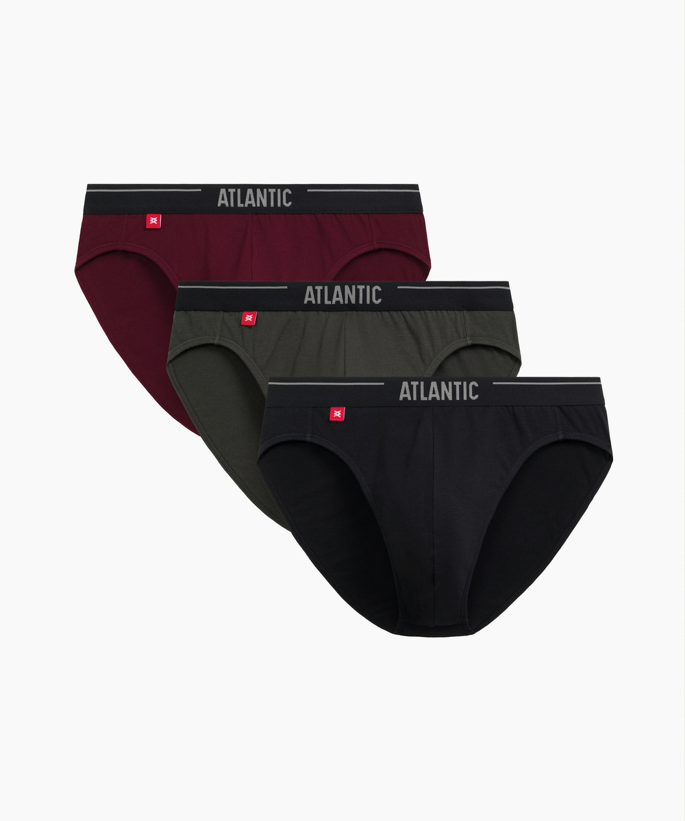 Мужские трусы слипы спорт Atlantic, набор 3 шт., хлопок, тёмно-фиолетовые + чёрные + тёмные хаки, 3MP-094