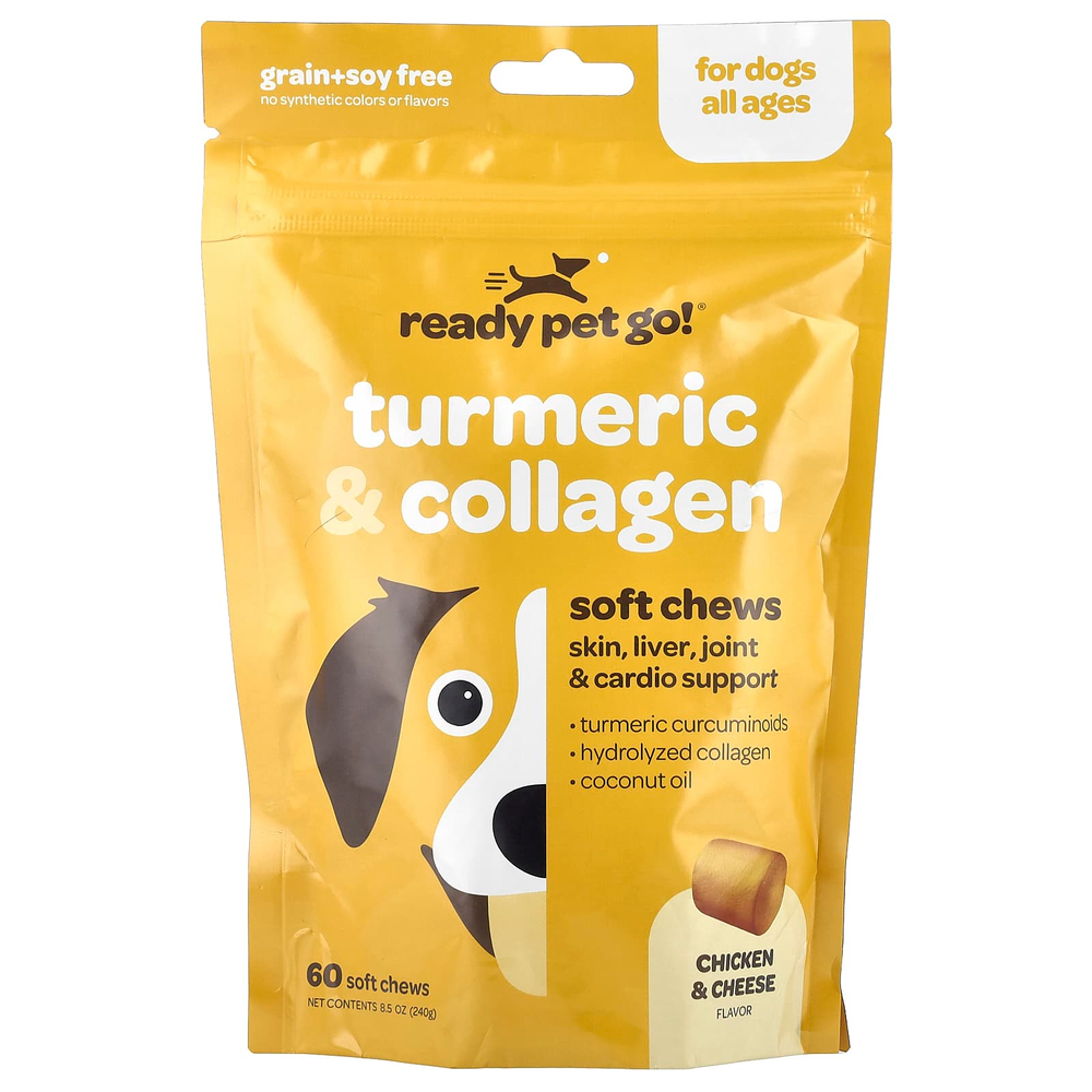Ready Pet Go, Куркума и коллаген, для собак всех возрастов, со вкусом курицы и сыра, 60 мягких жевательных таблеток, 240 г (8,5 унции)