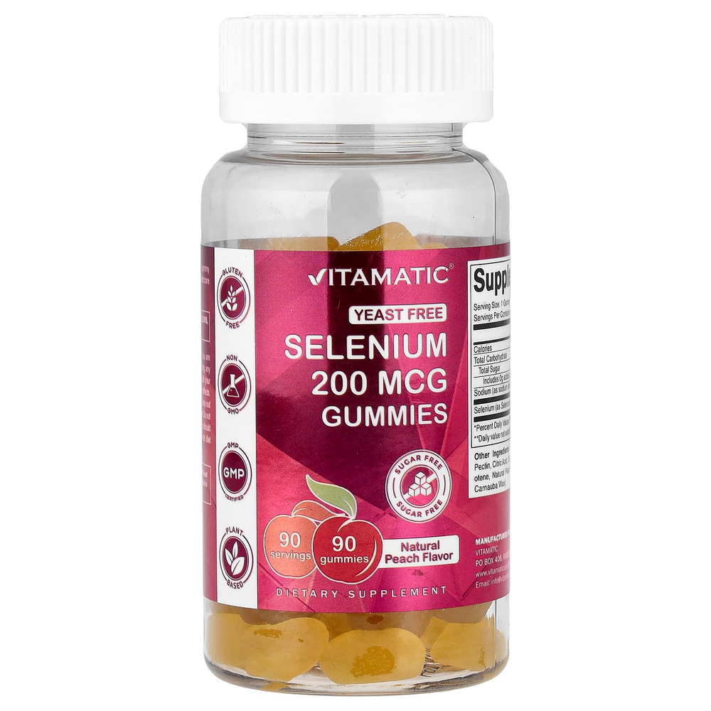 Vitamatic, жевательные таблетки с селеном, без сахара, натуральный персиковый вкус, 200 мкг, 90 жевательных таблеток