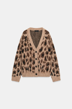 ZARA ЖАККАРДОВЫЙ КАРДИГАН С АНИМАЛИСТИЧЕСКИМ УЗОРОМ, ЛЕОПАРДОВЫЙ