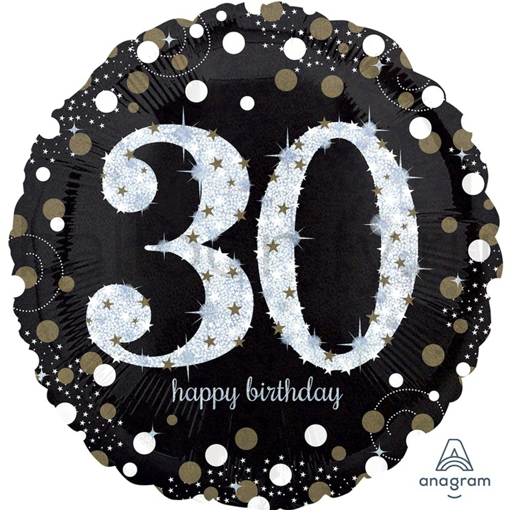 Фольгированная фигура, круг, HB Sparkling Birthday 30 gold S55,18"/46СМ