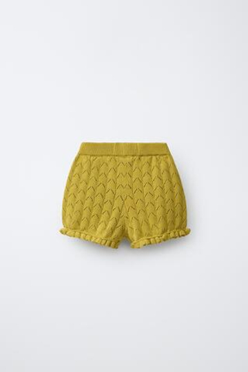 ZARA ТРИКОТАЖНЫЕ ШОРТЫ С ВЫШИВКОЙ ИЗ ХЛОПКА И ЛЬНА, ЦВЕТ ОЛИВКОВОГО МАСЛА