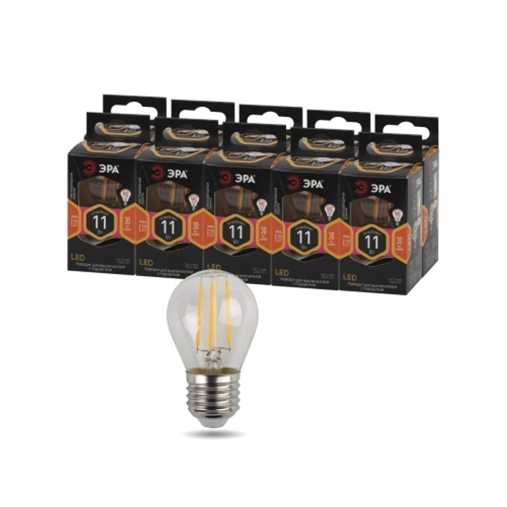 Лампа светодиодная ЭРА F-LED P45-11W-827-E27 11Вт филамент шар теплый белый свет Е27 | Филаментные декоративные