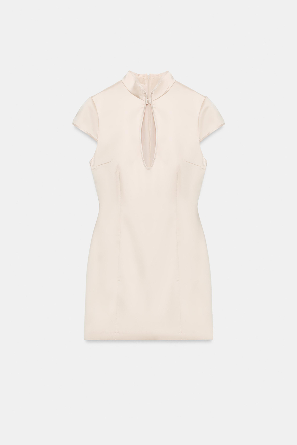 ZARA АТЛАСНОЕ МИНИ-ПЛАТЬЕ С РАЗРЕЗОМ, КОСТЯНОЙ