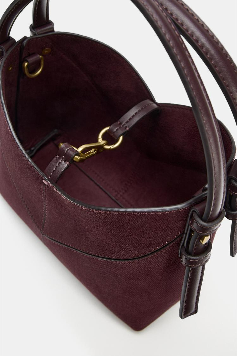 ZARA МИНИ-СУМКА-МЕШОК С ТЕКСТУРОЙ И ОТСТРОЧКОЙ, БОРДОВО-КРАСНЫЙ
