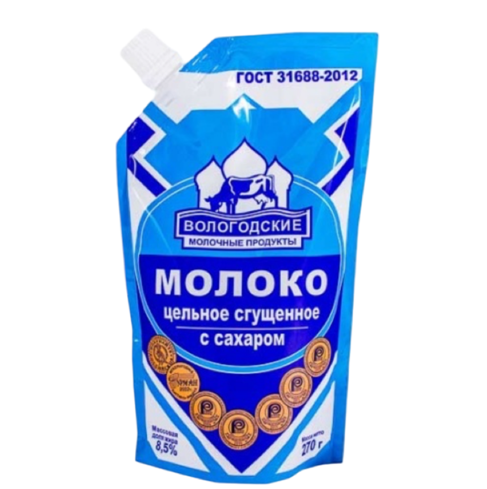 Молоко цельное сгущеное с сахаром м.д.ж. 8,5%,Дой пак 270 гр.