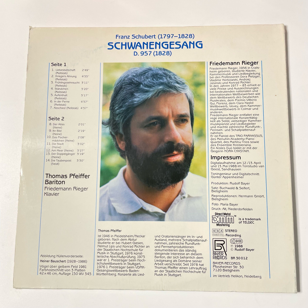 Винтажная виниловая пластинка LP Franz Schubert, Франц Шуберт, Thomas Pfeiffer, Friedemann Rieger, Schwanengesang (Германия 1988)