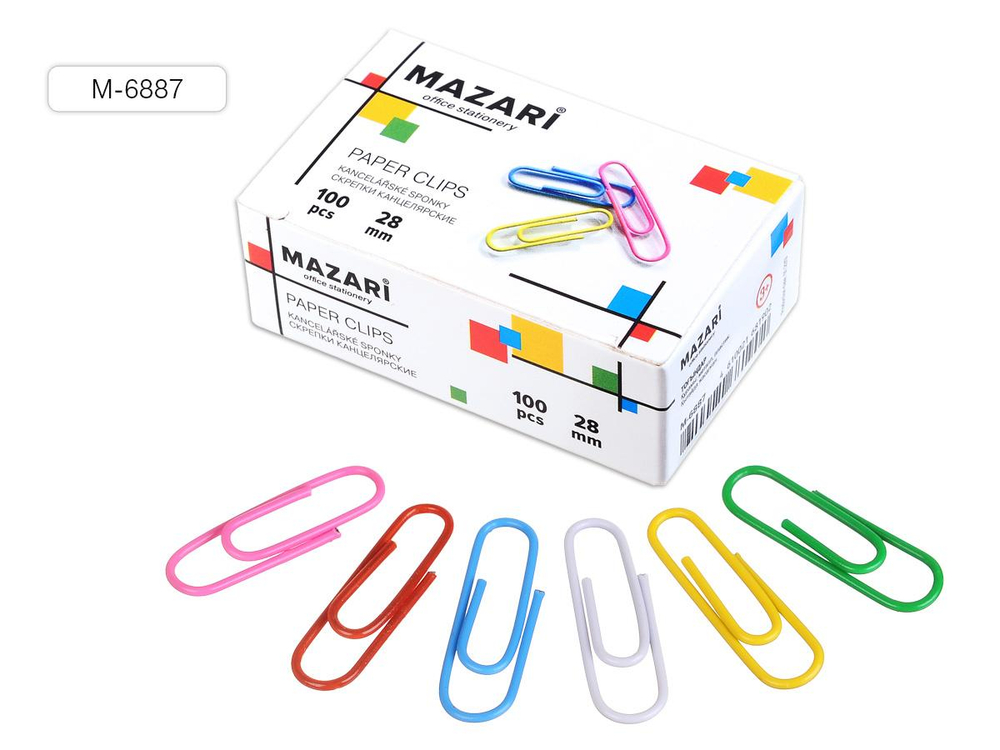 Скрепки канцелярские 28мм. 100шт. цветные (Mazari)