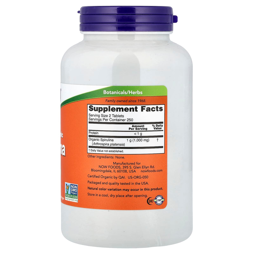 NOW Foods, сертифицированная органическая спирулина, 500 мг, 500 таблеток