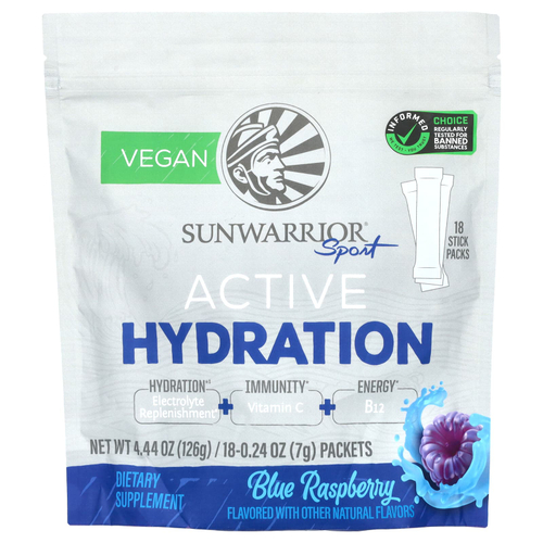 Sunwarrior, Sport, активное увлажнение, голубая малина, 18 пакетиков по 7 г (0,24 унции)