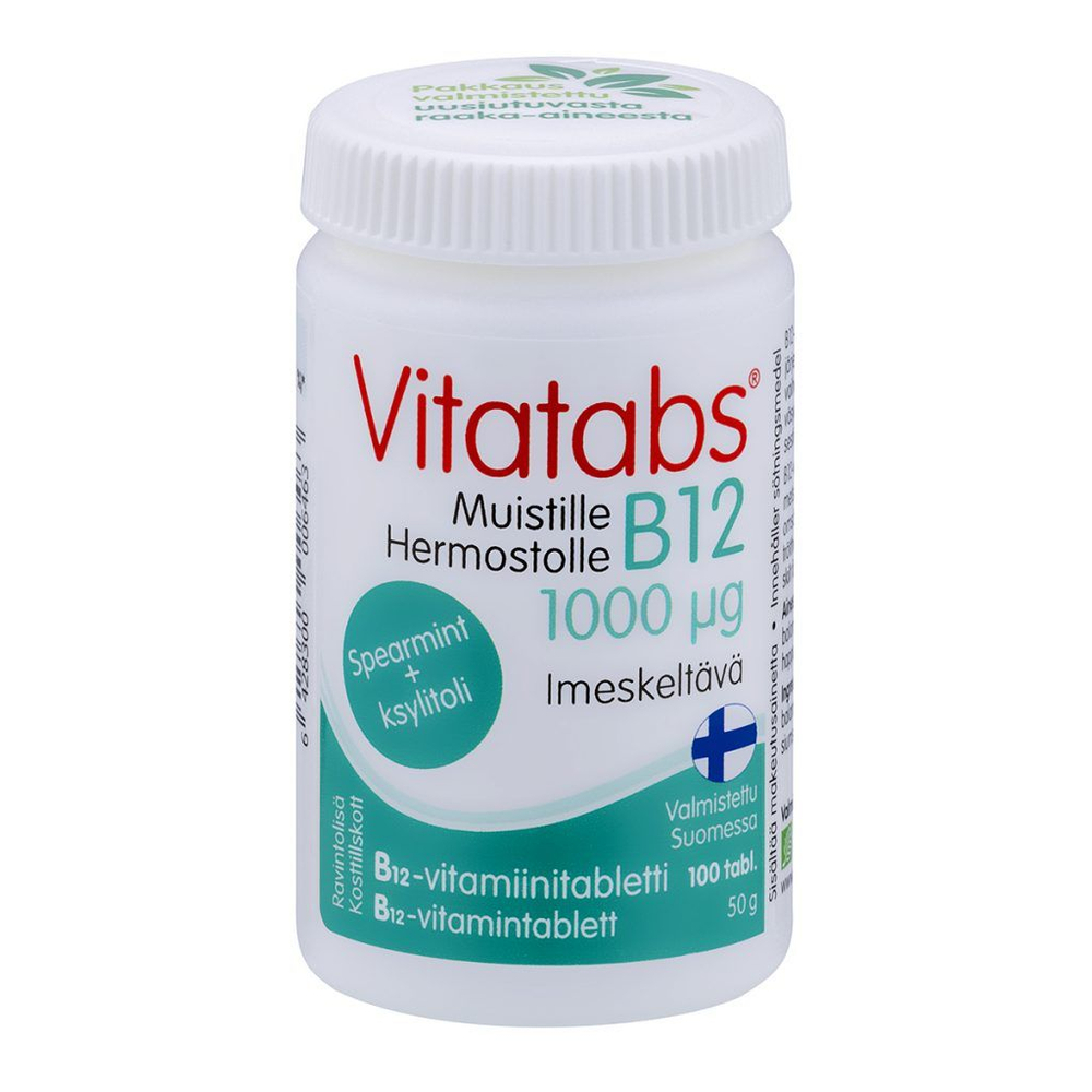 Vitatabs Цианкобаламин (B12) 1000 мкг + ксилит, 100 таблеток со вкусом мяты, 50 г (из Финляндии)