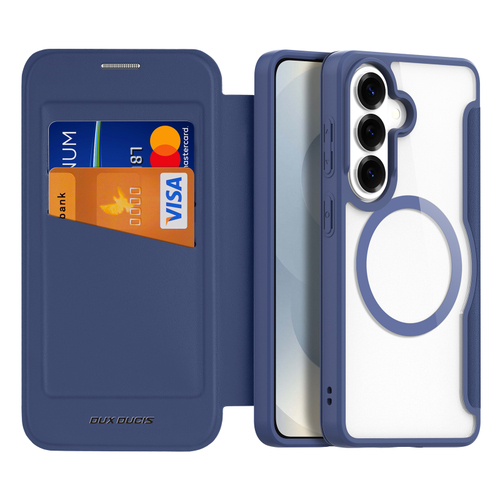 Чехол книжка синего цвета с MagSafe для Samsung Galaxy S26+ Плюс, серия Skin X Pro Series от Dux Ducis