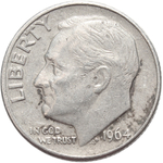 1 дайм (10 центов) 1964. (D) США Серебро VG