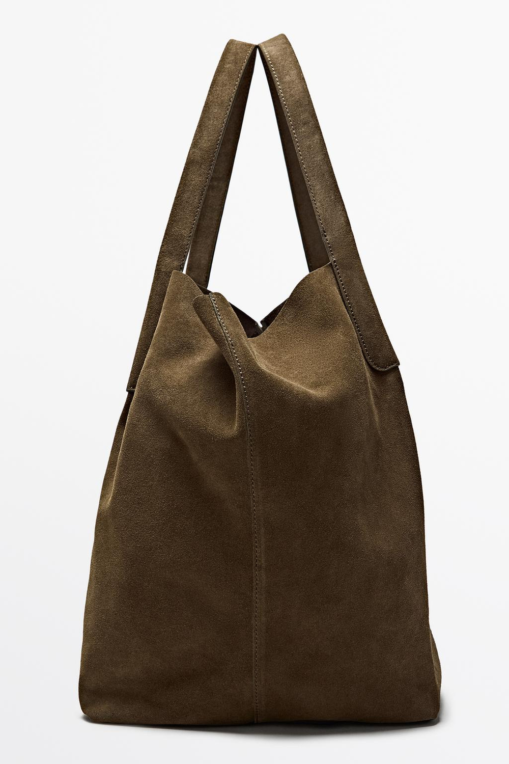 Massimo Dutti Сумка-шопер из кожи и замши, хаки