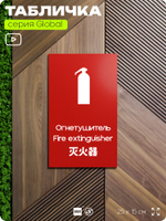 Табличка Огнетушитель, на дверь и стену, информационная и мультиязычная (русский, английский, китайский), серия GLOBAL, 25х15 см, Айдентика Технолоджи