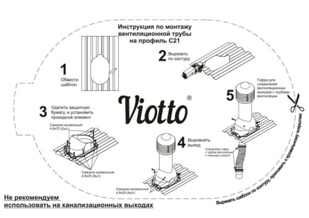 Труба вентиляционная Viotto, для профнастила С21, d-125мм, h-550мм