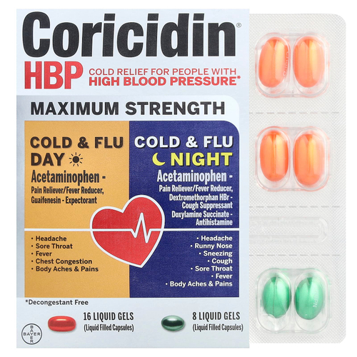 Coricidin HBP, Простуда и грипп для дня и ночи, 2 флакона, 24 капсулы с жидкостью