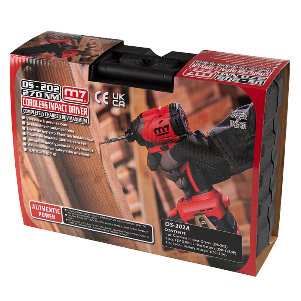 MIGHTY SEVEN (DS-202AP) Аккумуляторный шуруповерт, ударный, 18 В, 4 предмета, кейс, в комплекте набор бит