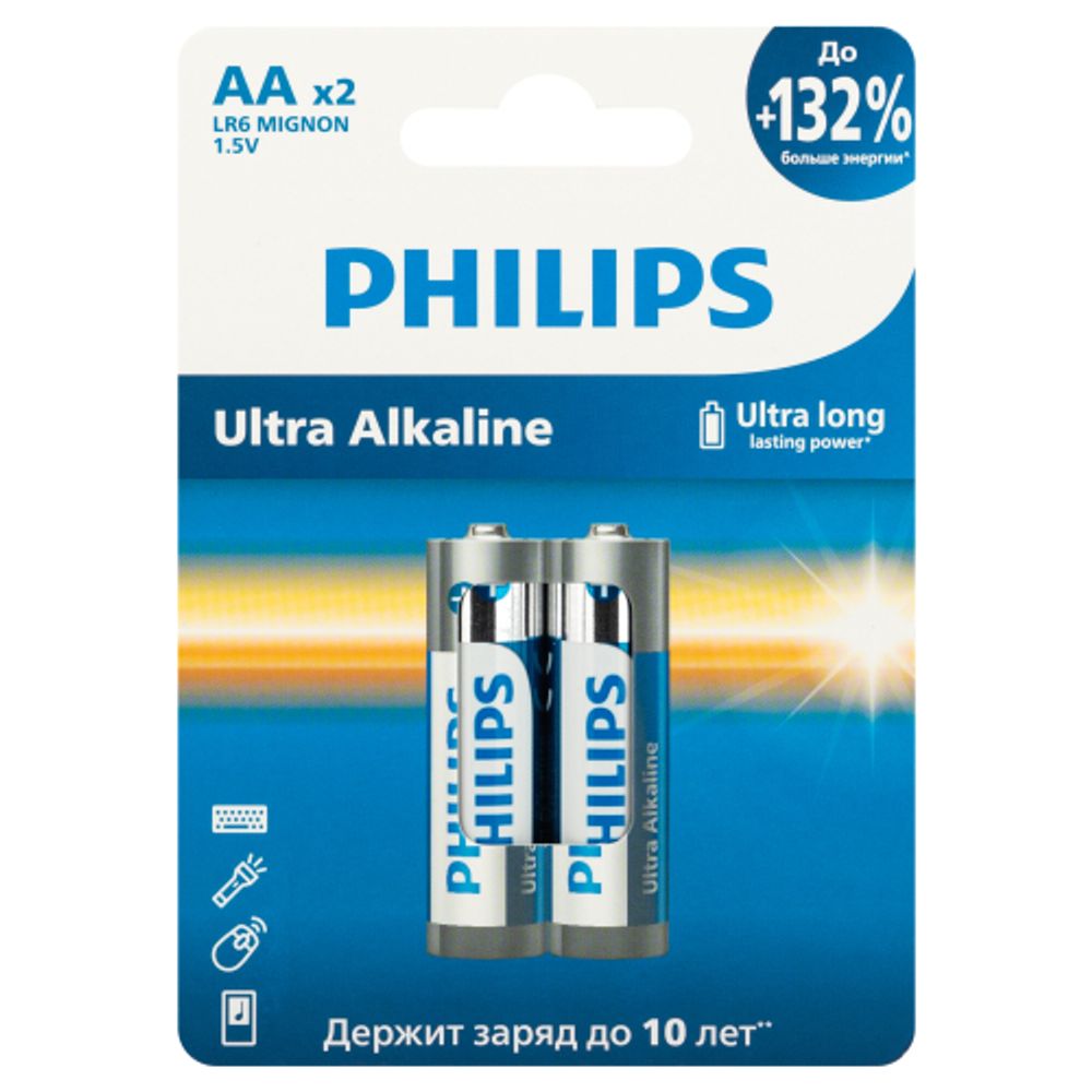 Батарейки Philips LR6E2W/51 АА алкалиновые 1,5v 2 шт. LR6-2BL Ultra (2/24/144/11520) | Батарейки Щелочные (Алкалиновые)
