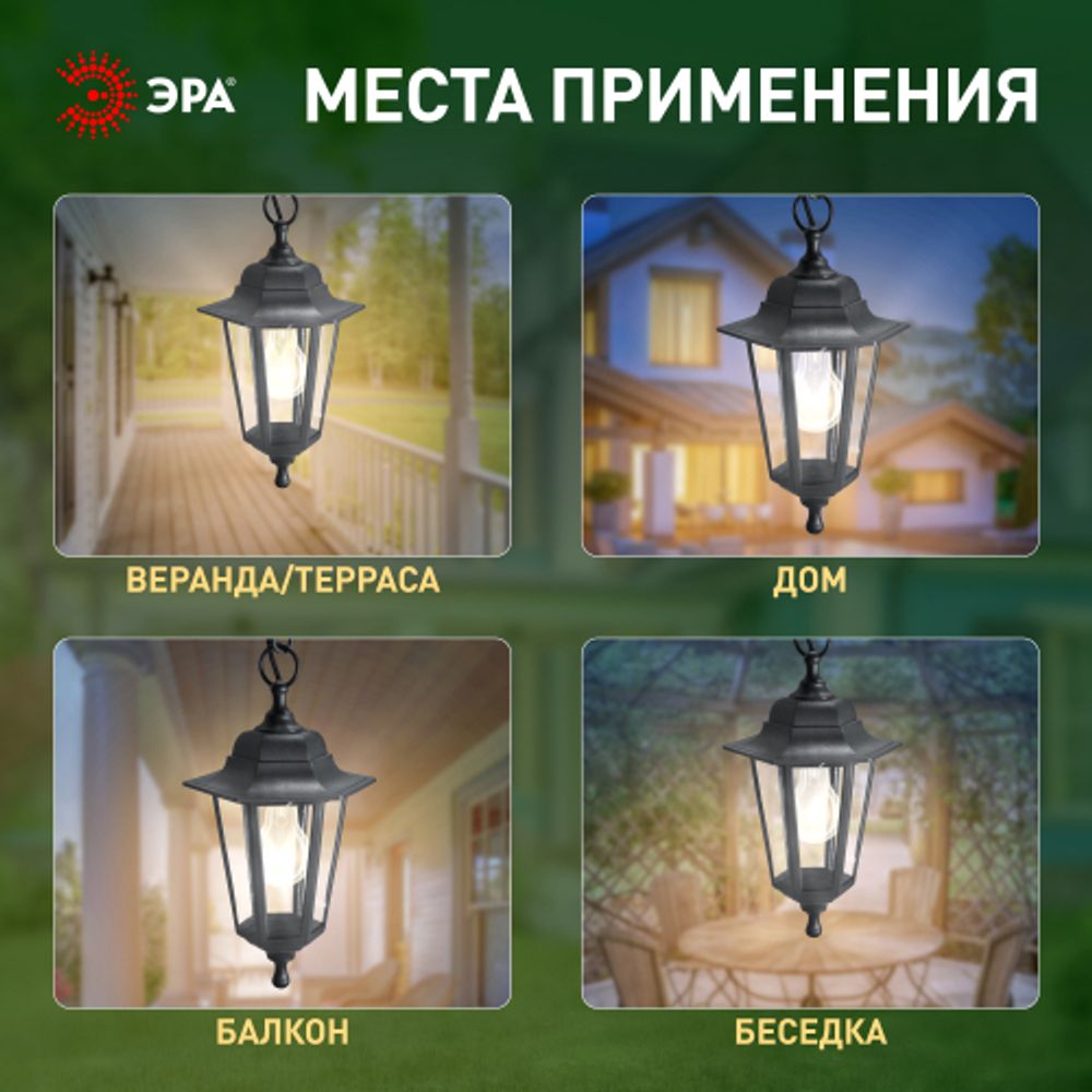 Садово-парковый светильник ЭРА НСУ 06-60-001 черный 6 гранный подвесной IP44 Е27 max60Вт | Садово-парковые светильники